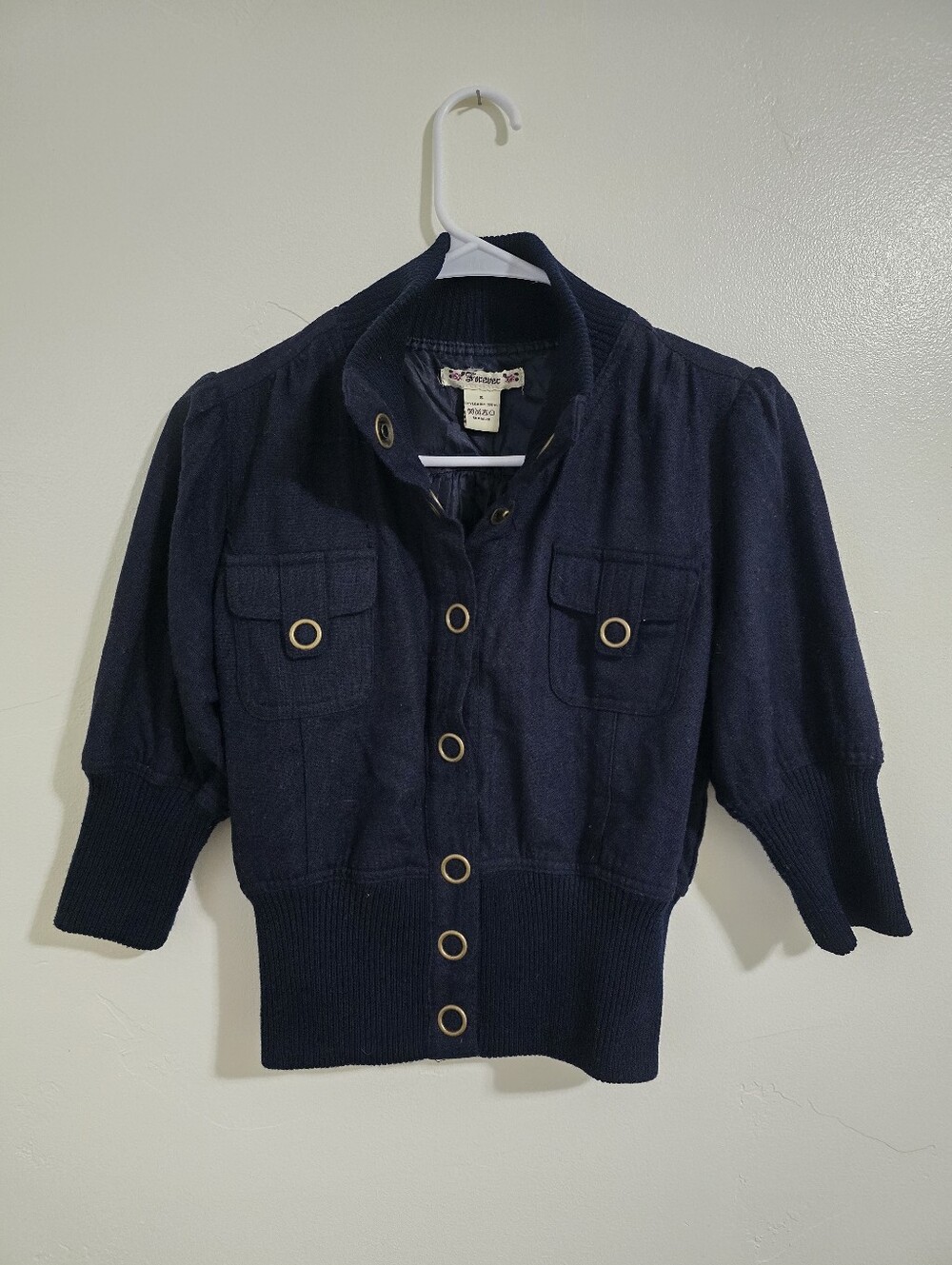 Vtg Y2k Forever 21 Cropped Bomber Jacket Navy Blue Size Small 3/4 Sleeves